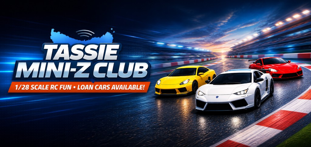 Tassie Mini-Z Club banner: 1/28-scale RC fun and loan cars available, over a sunset track scene with three Mini-Z cars.